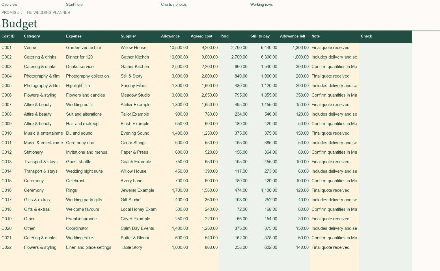 Actual Budget & payments Excel worksheet with fictional example data
