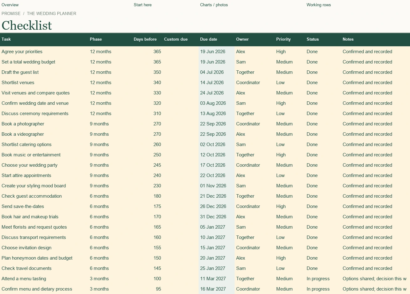 Actual Checklist Excel worksheet with fictional example data