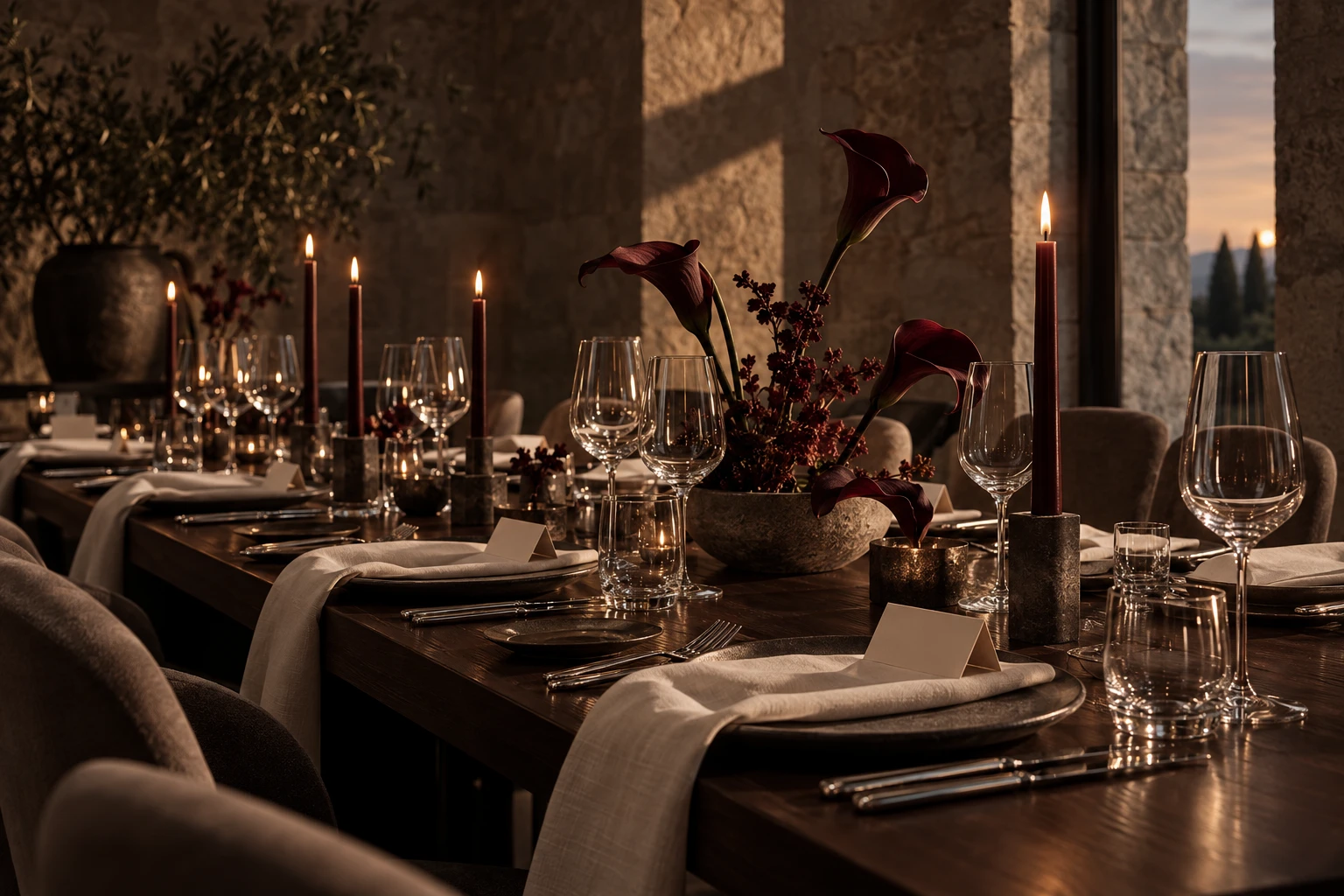 Candlelit celebration with sculptural burgundy flowers, stone, linen and glassware