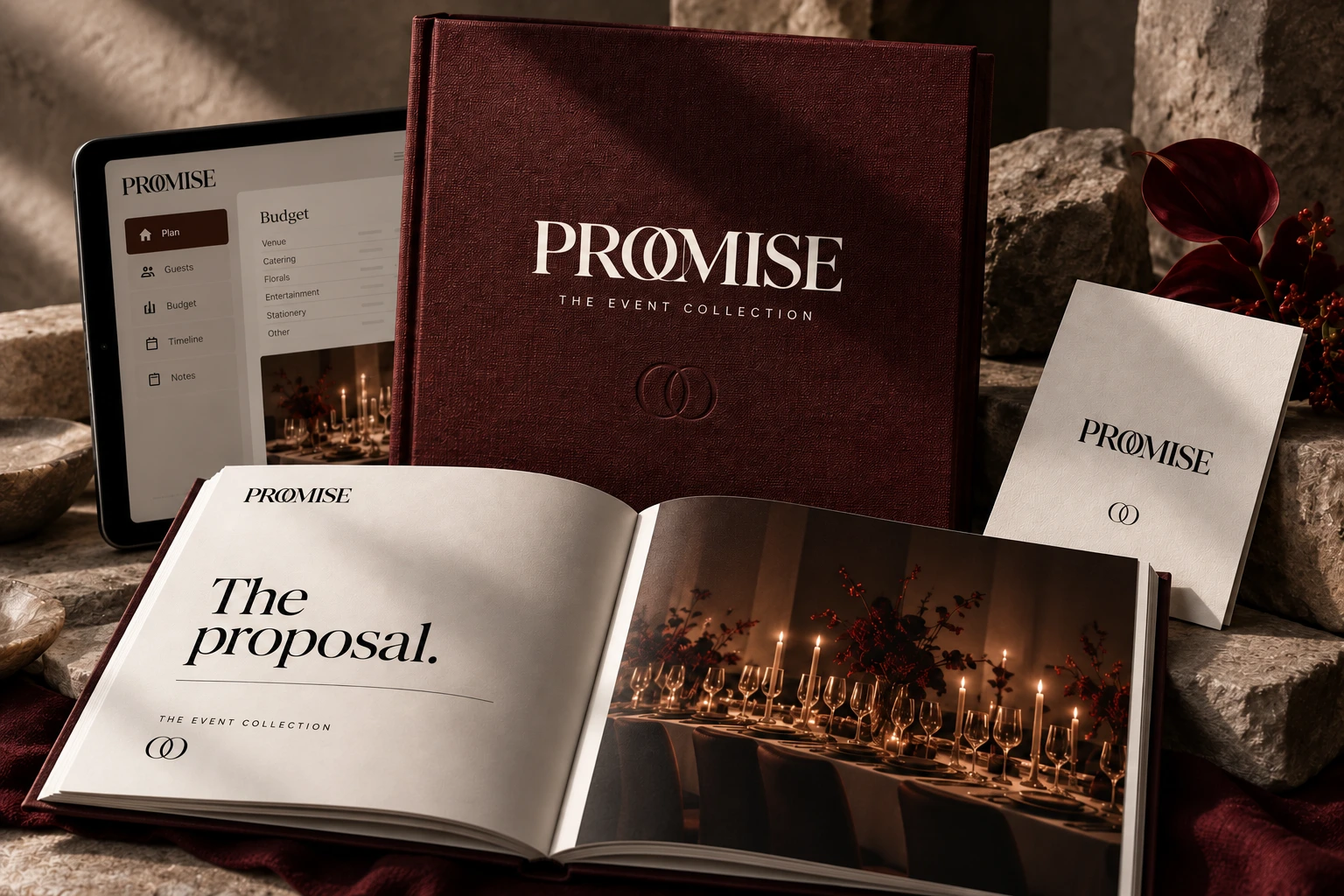 Promise event collection styling in oxblood, bone and warm stone